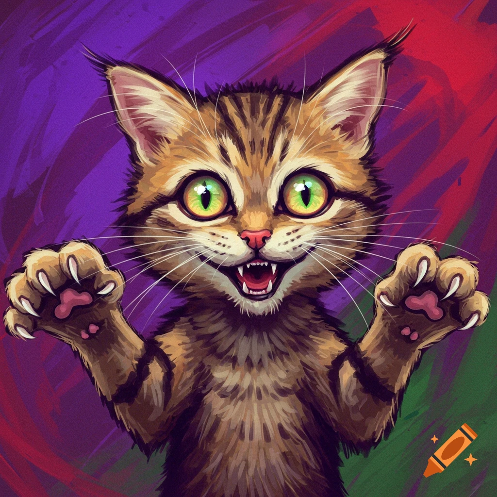 A wide-eyed mad kitten with claws extended against a colorful background
