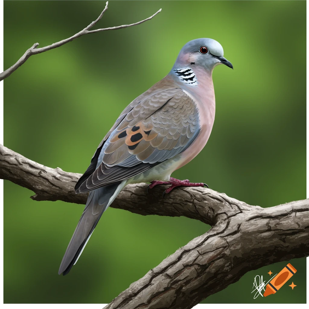 A bird with grey and pink feathers perched on a tree branch.