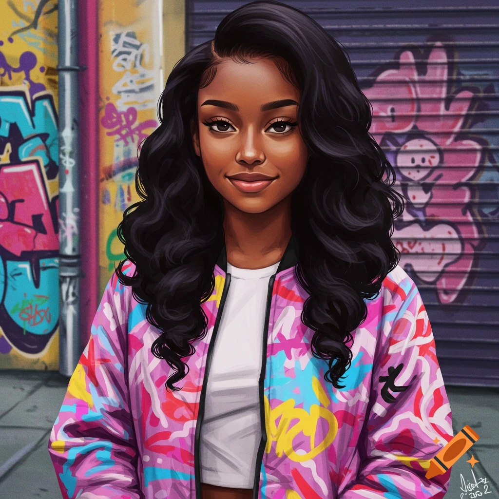 A young Black woman in a colorful jacket stands before graffiti.