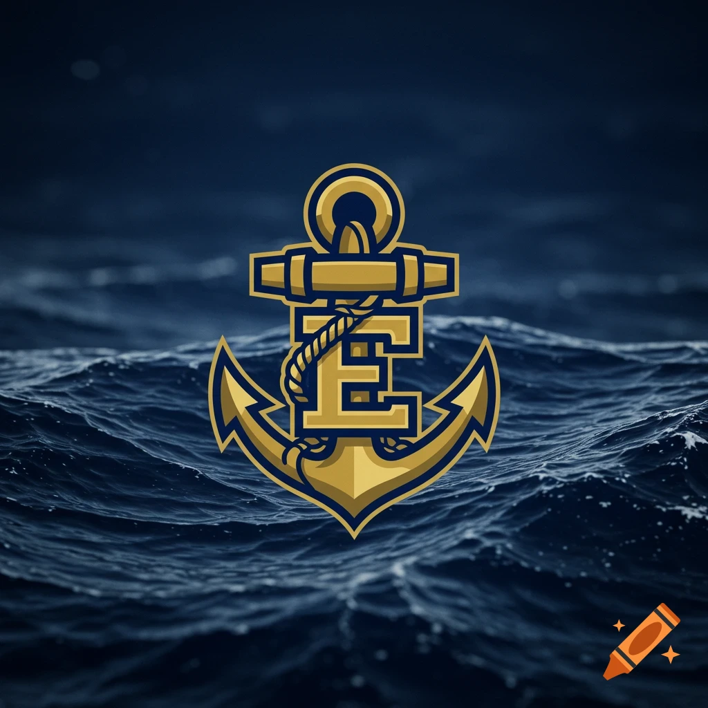 Gold and blue anchor logo with the letter E inside, against a dark blue wavy water background.