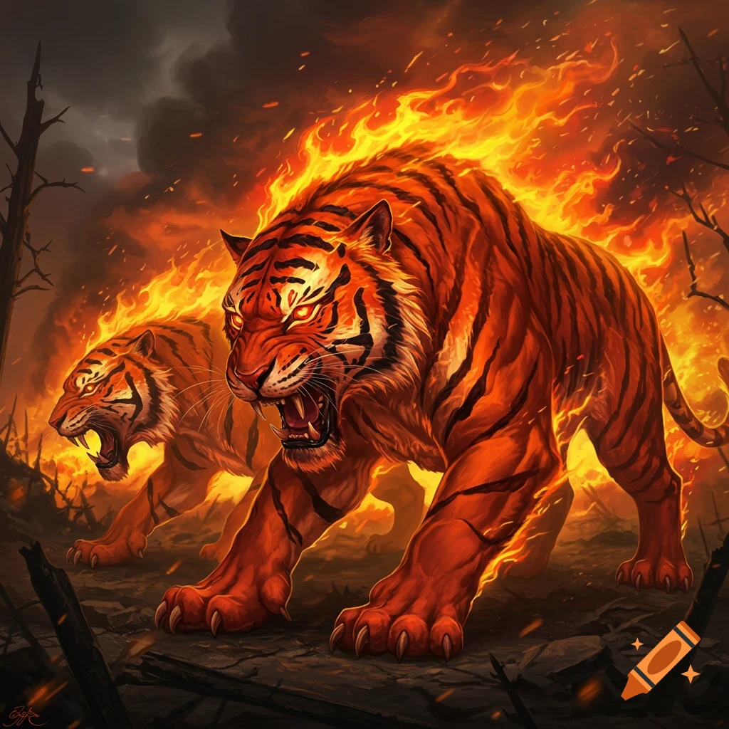 Two aggressive fire tigers stand in a desolate, burning landscape.