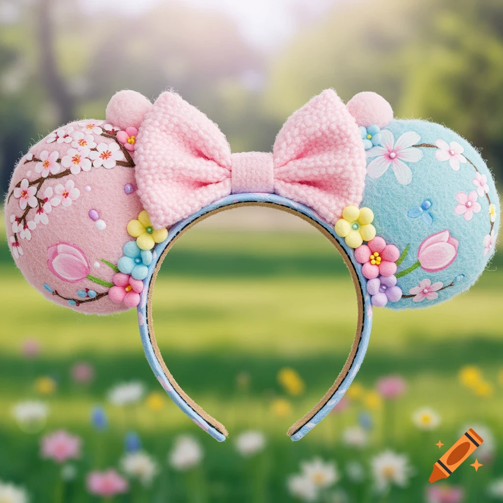 Close-up of a headband with pink and blue mouse ears decorated with cherry blossoms, tulips, and flowers, set against a blurred meadow backdrop.