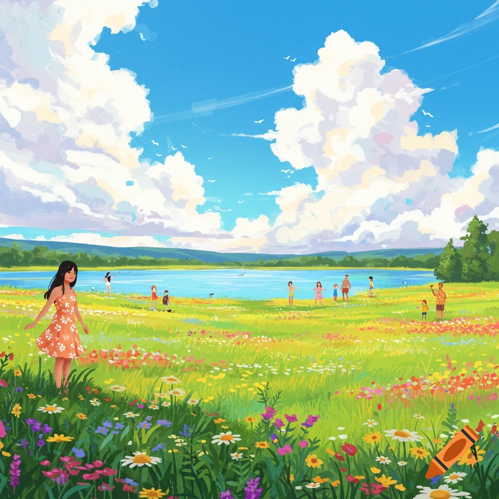 People in a flower field by a lake on a sunny summer day.