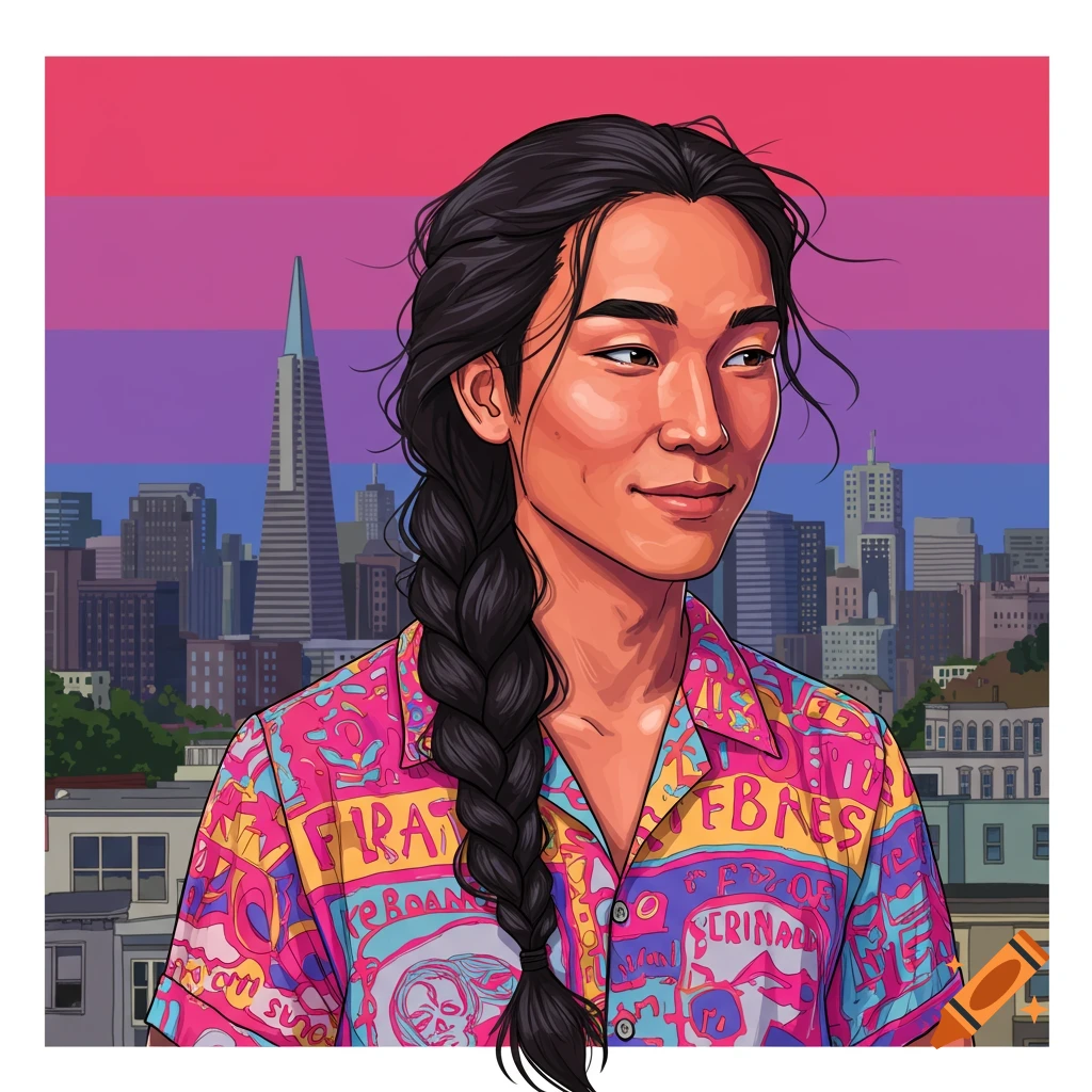 A person with a long braid wears a colourful shirt in front of a city skyline with a bisexual flag background.