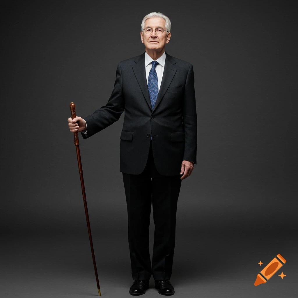 A distinguished older man in a dark suit and tie stands holding a cane against a grey background.