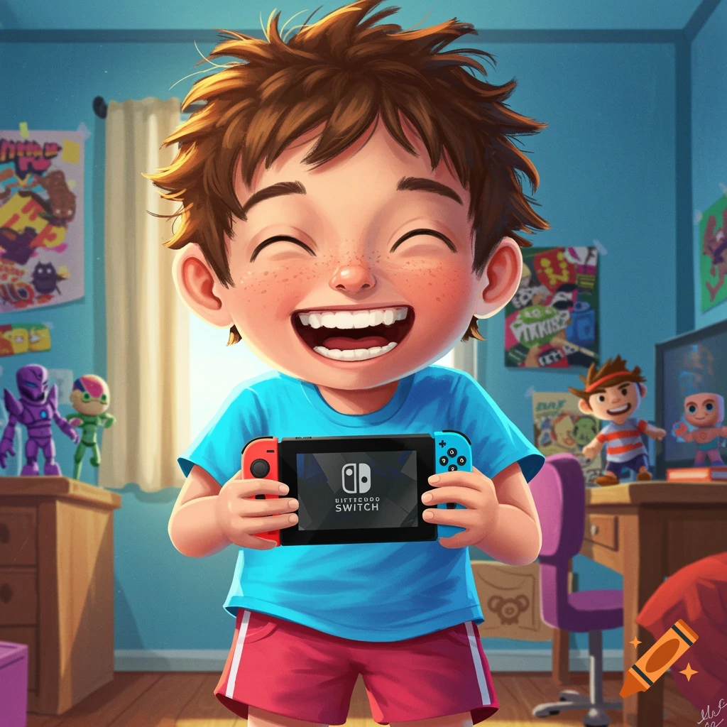 Cartoon illustration of a joyful young boy holding a Nintendo Switch in his bedroom.
