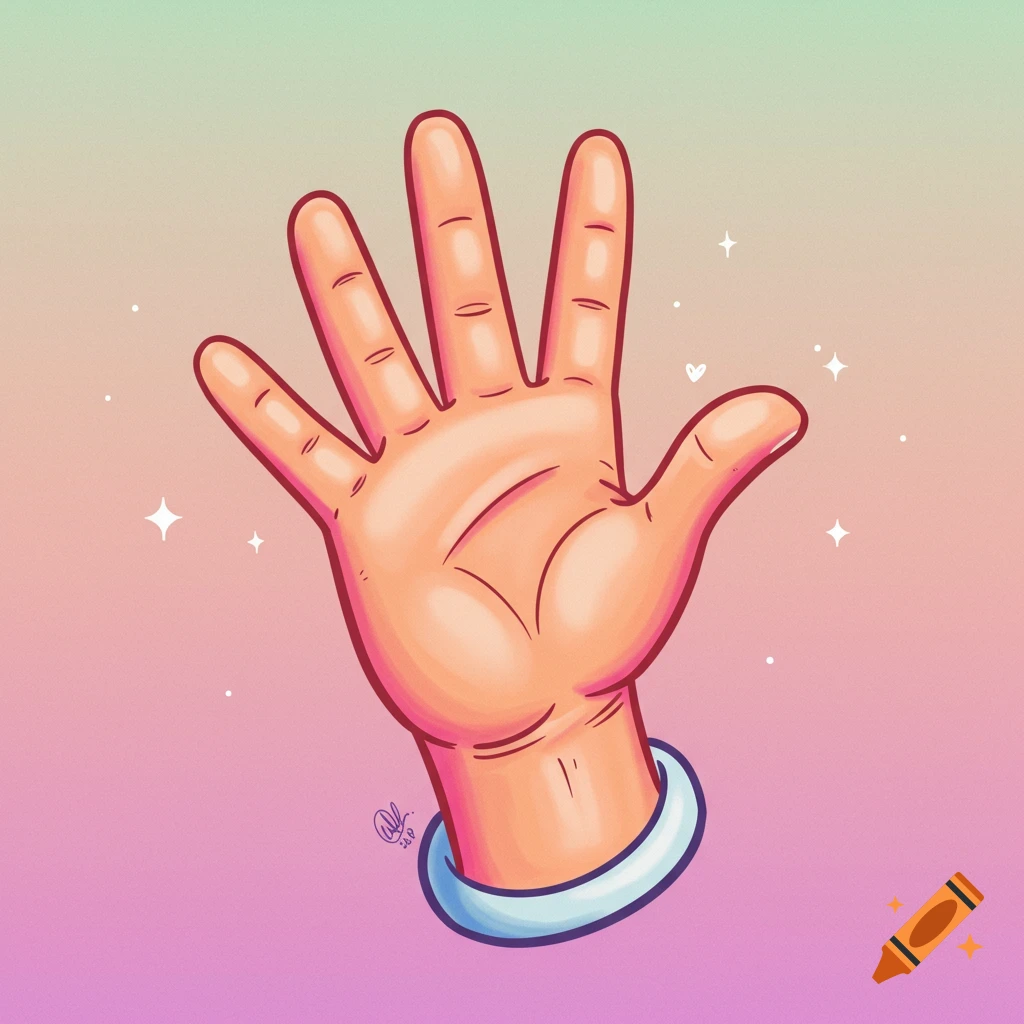 A cartoon illustration of a hand waving on a pink and green gradient background with sparkles.