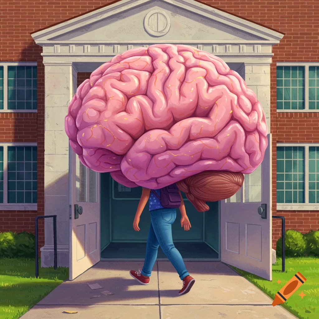 A student with a giant brain head walks out of a school building.