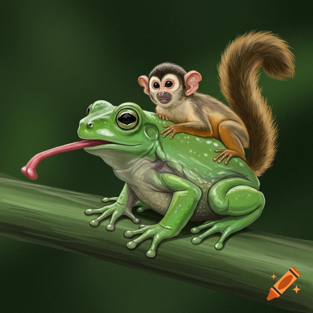 A squirrel monkey riding on the back of a green frog with its tongue sticking out, sitting on a branch.