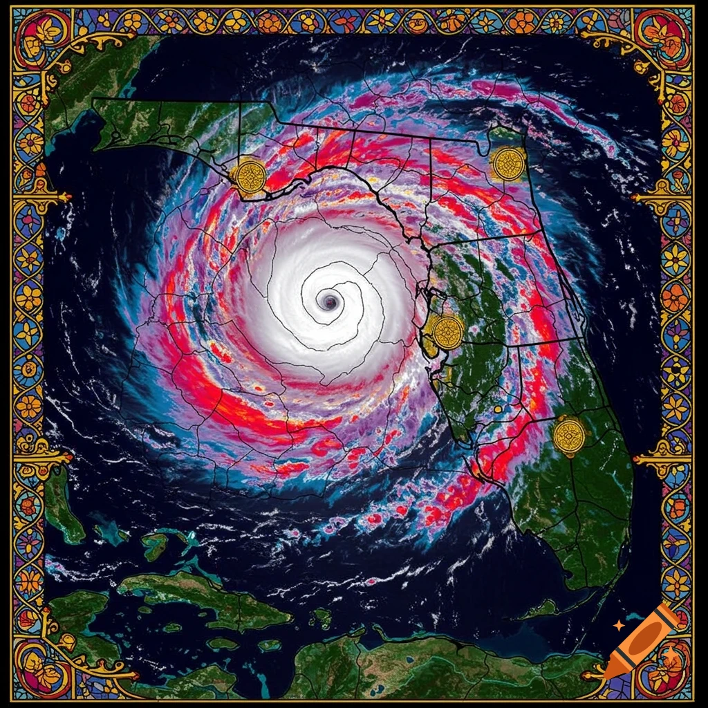 Hurricane over Florida in gothic stained glass style.