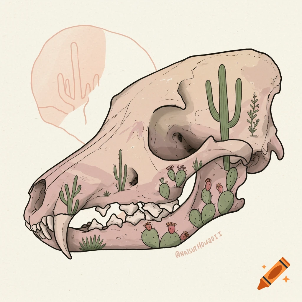 Stylized illustration of a coyote skull painted with a desert scene and cacti.