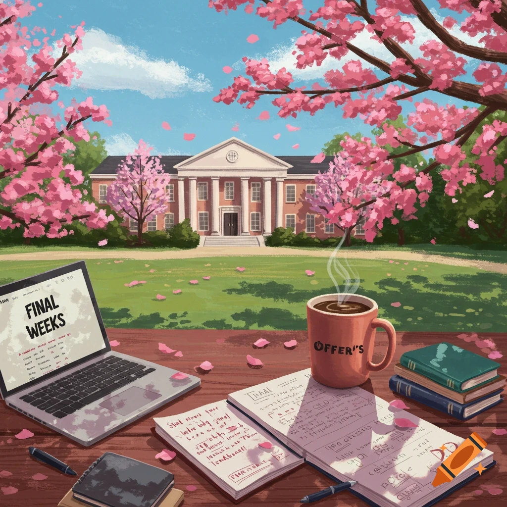 A desk with a laptop, notebooks, books, and a coffee mug sits on a lawn in front of a college building with cherry blossoms in bloom.