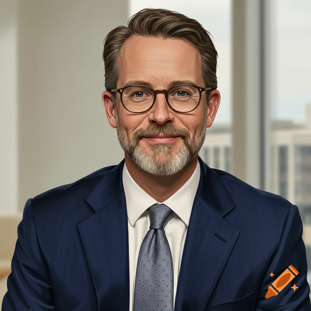 A smiling man in a blue suit, tie, and glasses in an office.