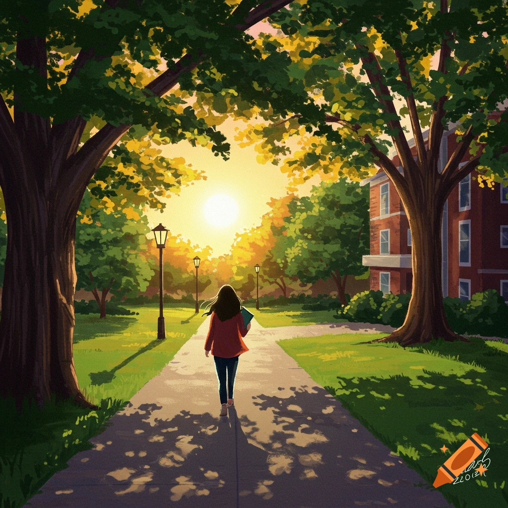 A person is walking on a campus path under trees at sunset