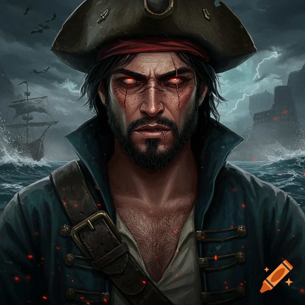 A pirate with scars and glowing red eyes in a stormy ocean with a ship in the background.