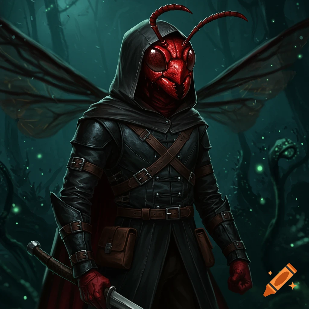A humanoid character with a red insect head and wings, wearing a black leather rogue outfit, holding a sword in a dark forest.