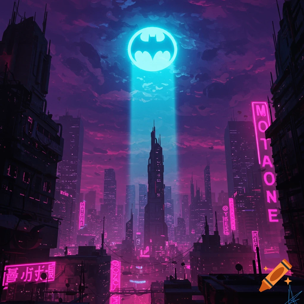 A futuristic, neon-lit cityscape at night with the Bat-Signal shining in the sky.