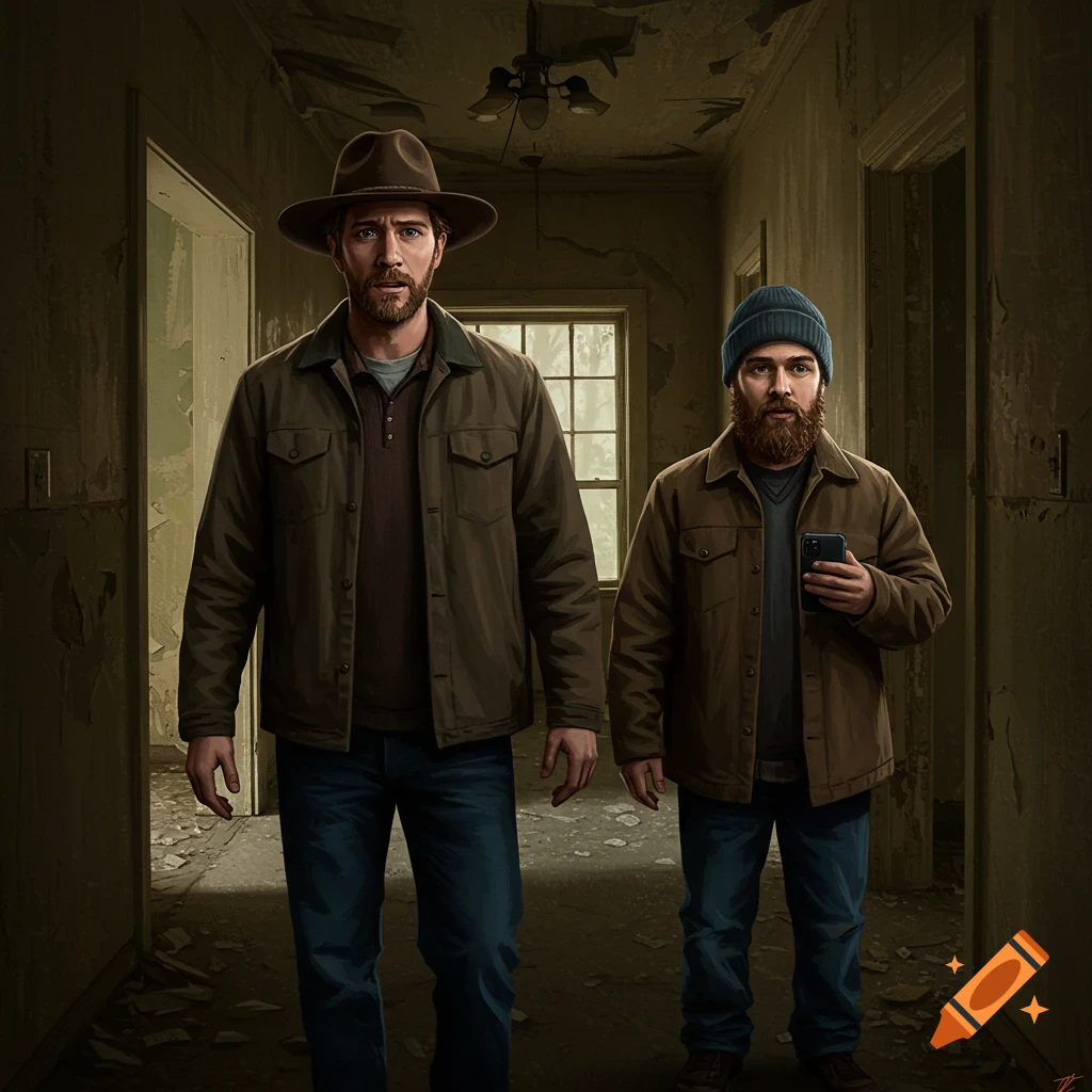 Two men, one with a hat, one with a beard and beanie, stand in a dirty, abandoned hallway holding a phone.