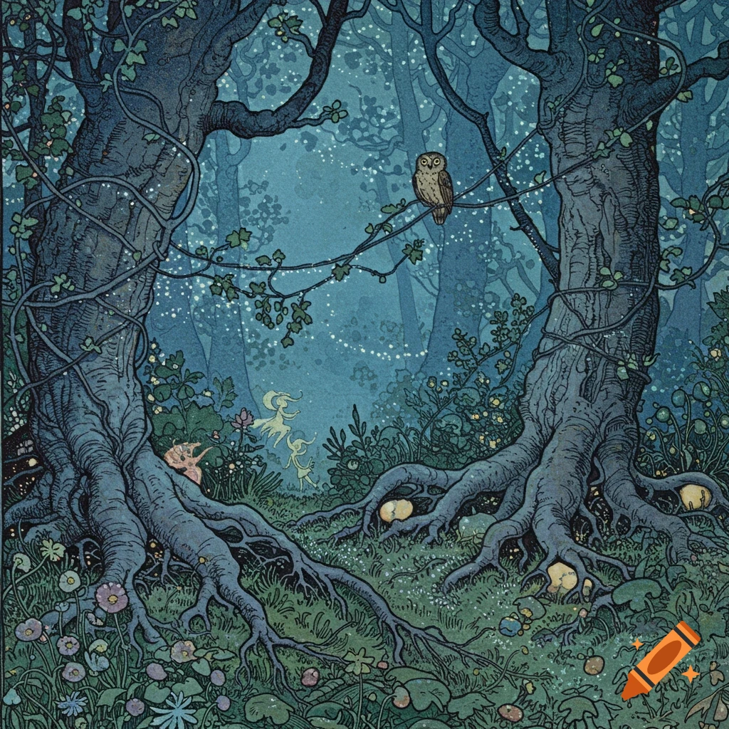 Arthur Rackham style illustration of a blue forest at night with large trees, roots, fairies, and an owl.