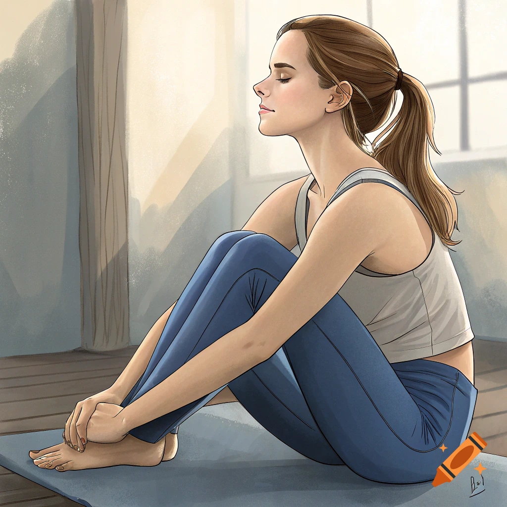 Illustration of a woman sitting on a yoga mat in blue pants, meditating.