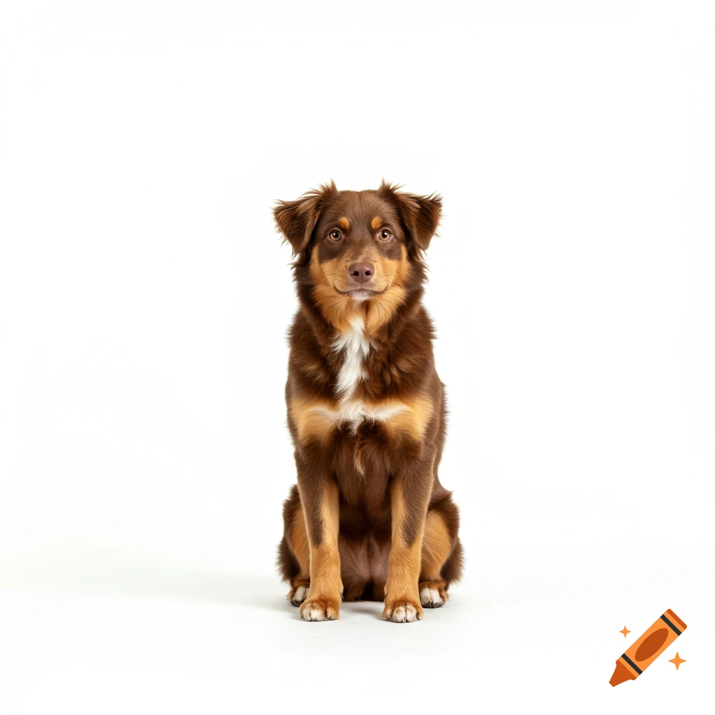 A brown and tan mini Australian Shepherd dog sits against a white background.