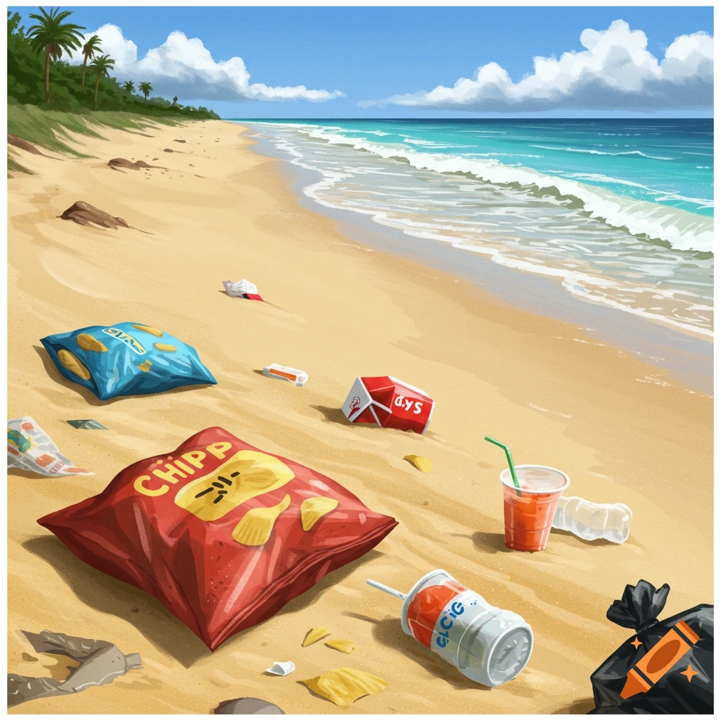 Trash scattered on a sandy beach.