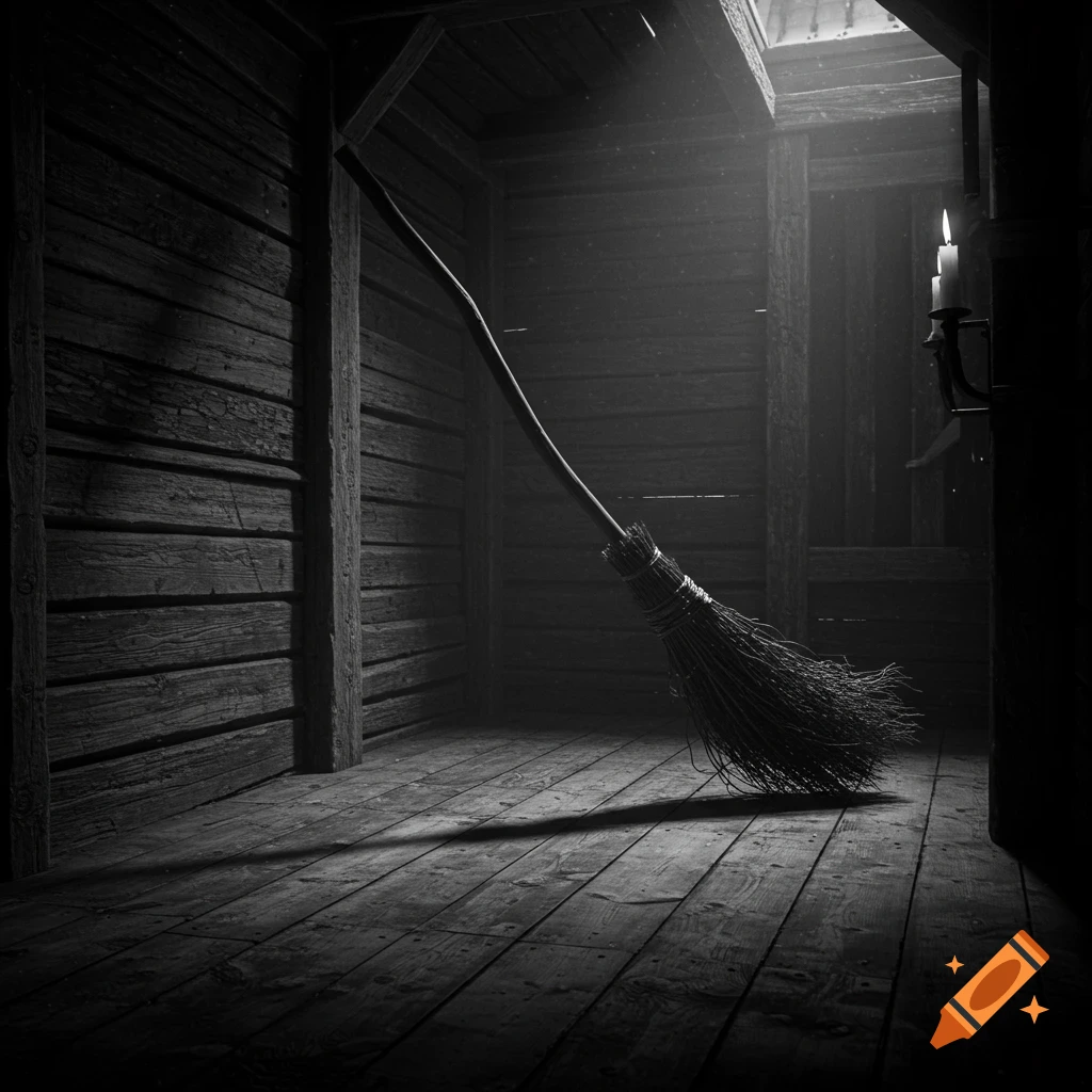 A broom stands in a dusty, dimly lit old wooden room.