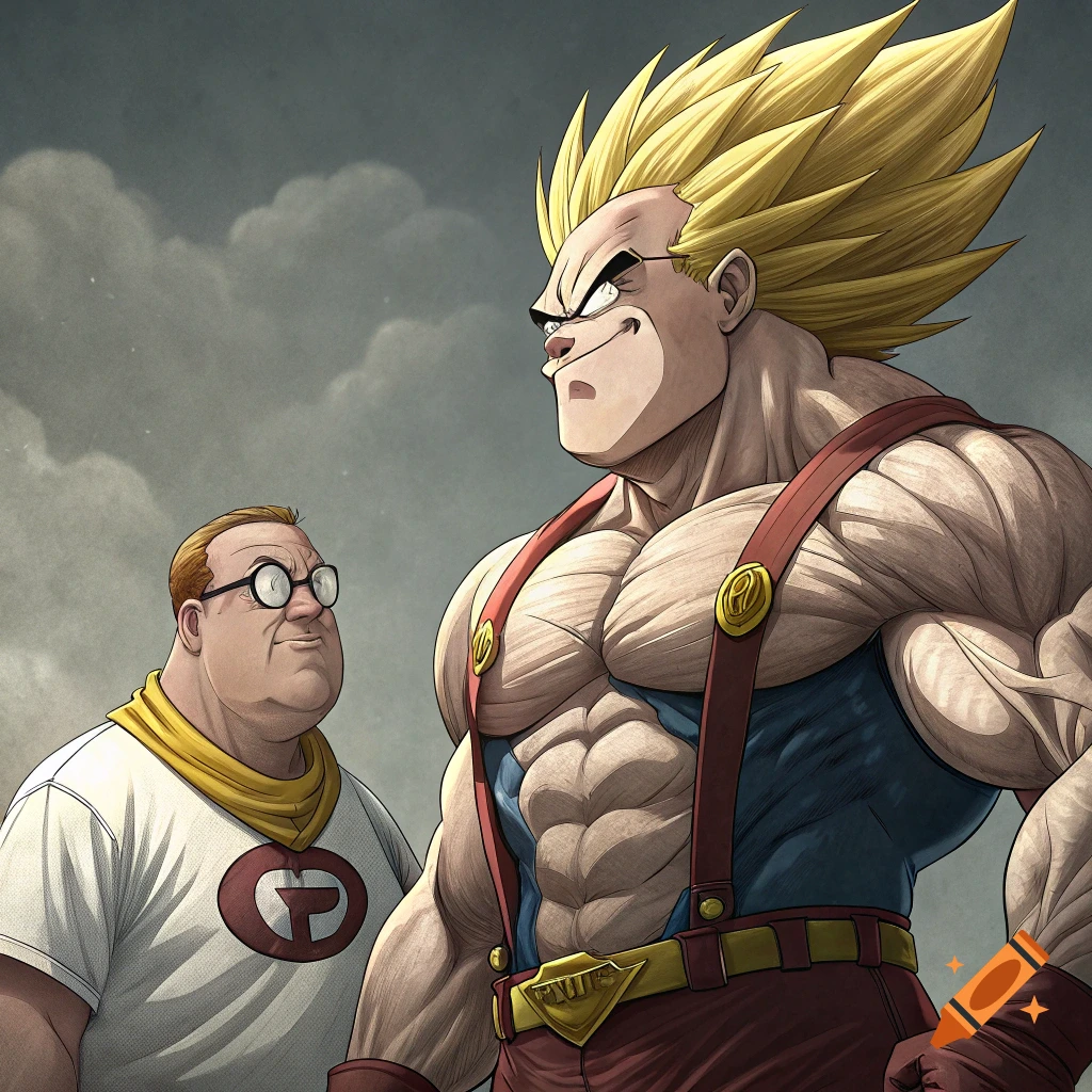 Two characters, one muscular with spiky blonde hair and one round with glasses, in an anime style.