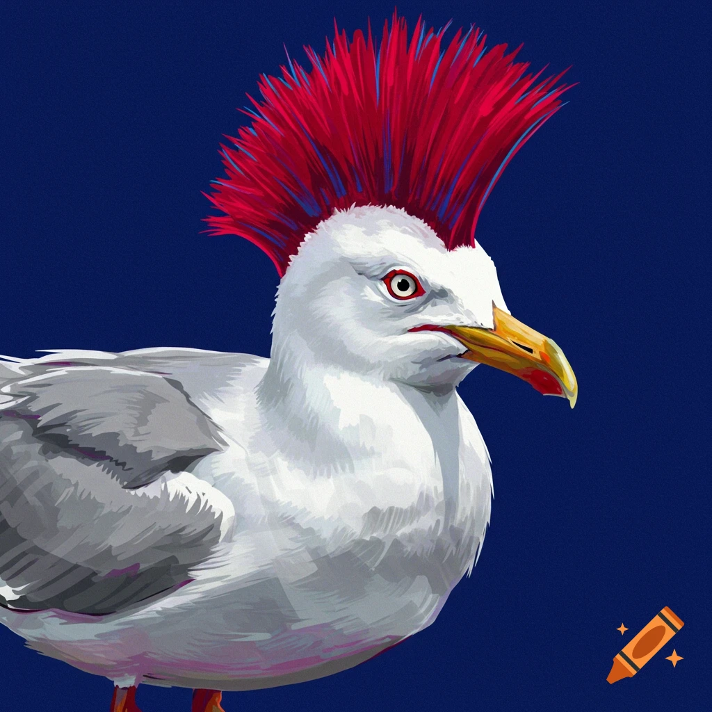 A seagull with a red mohawk against a blue background.