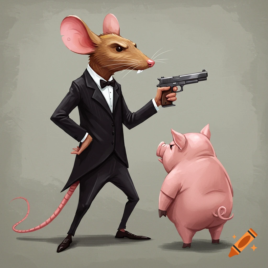 Cartoon illustration of a mouse in a black suit pointing a gun at a pink pig.