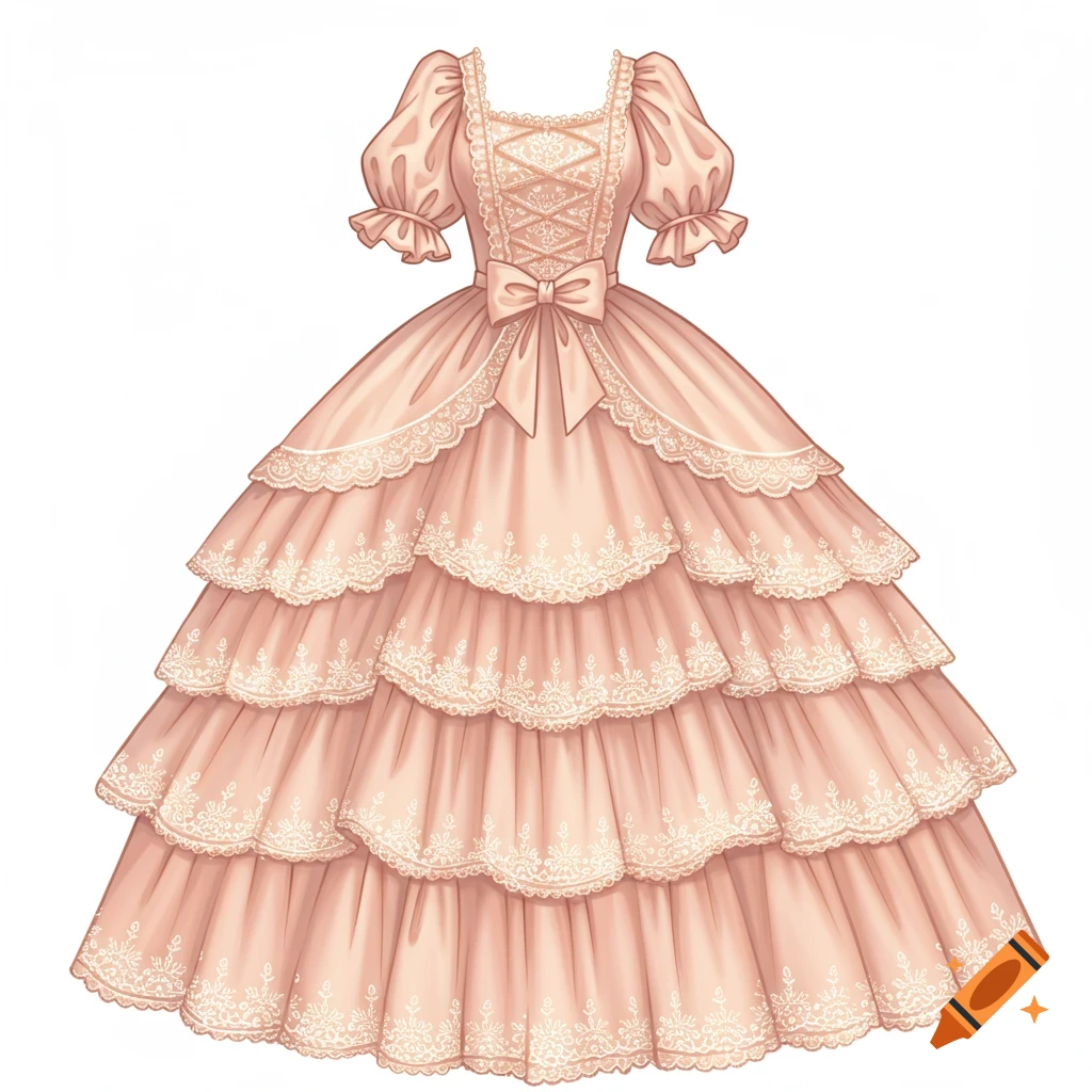 A light pink tiered gown with lace and ruffles.