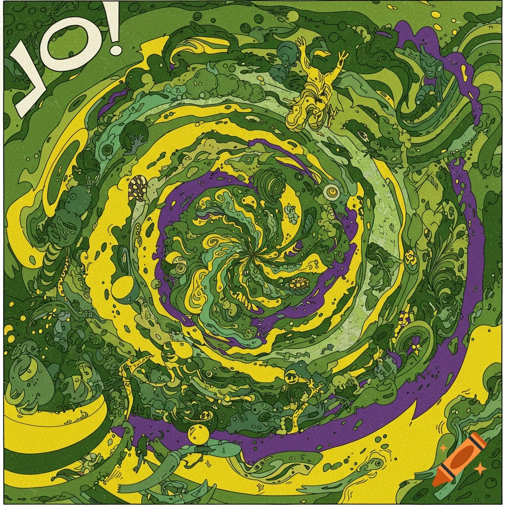 A vibrant, swirling psychedelic image featuring abstract green, yellow, and purple shapes, distorted figures, and the text 'JO!' in the upper left corner.