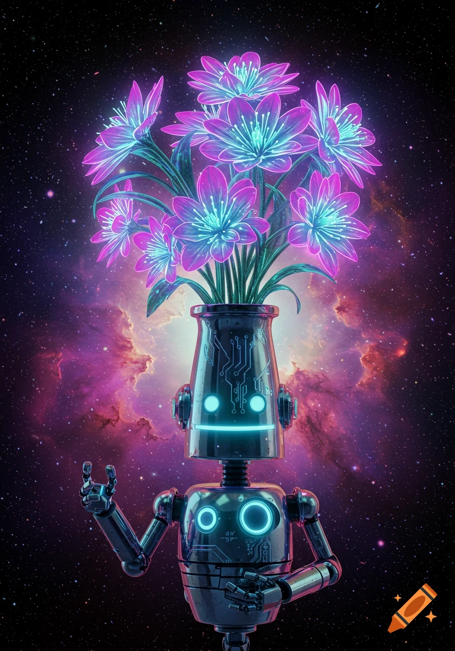 A robot holding glowing flowers in space