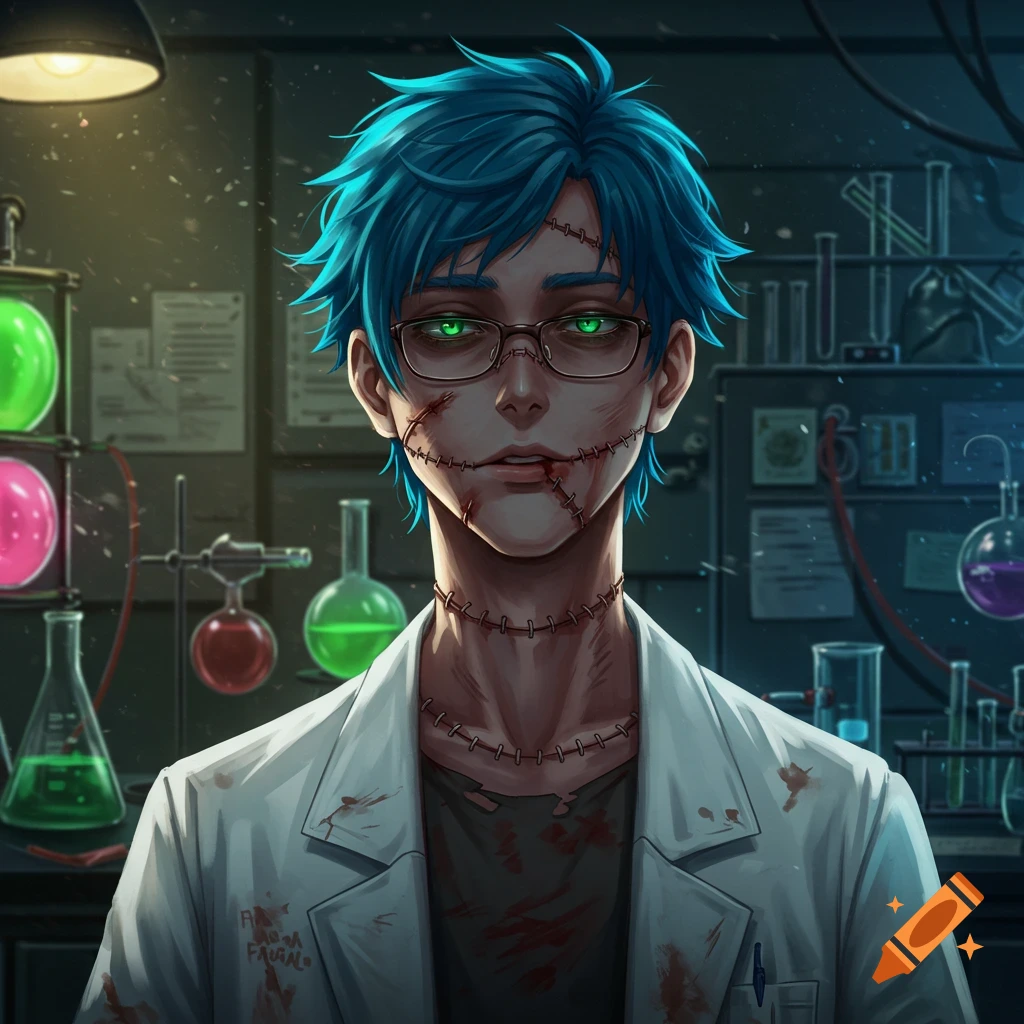 Anime style portrait of a male scientist with blue hair, glasses, and stitches on his face and neck, wearing a blood-stained lab coat in a laboratory.