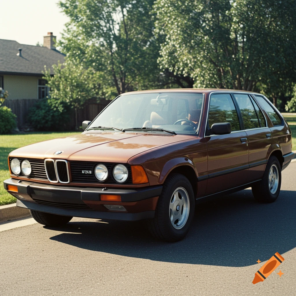 A retro brown station wagon car parked on a street