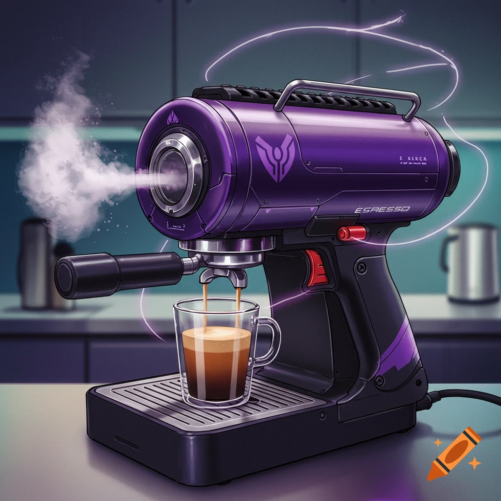 Sci-fi espresso machine, inspired by the Telesto weapon, brewing coffee.