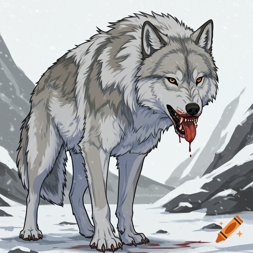 A grey wolf snarling with blood on its snout in a snowy mountain landscape.