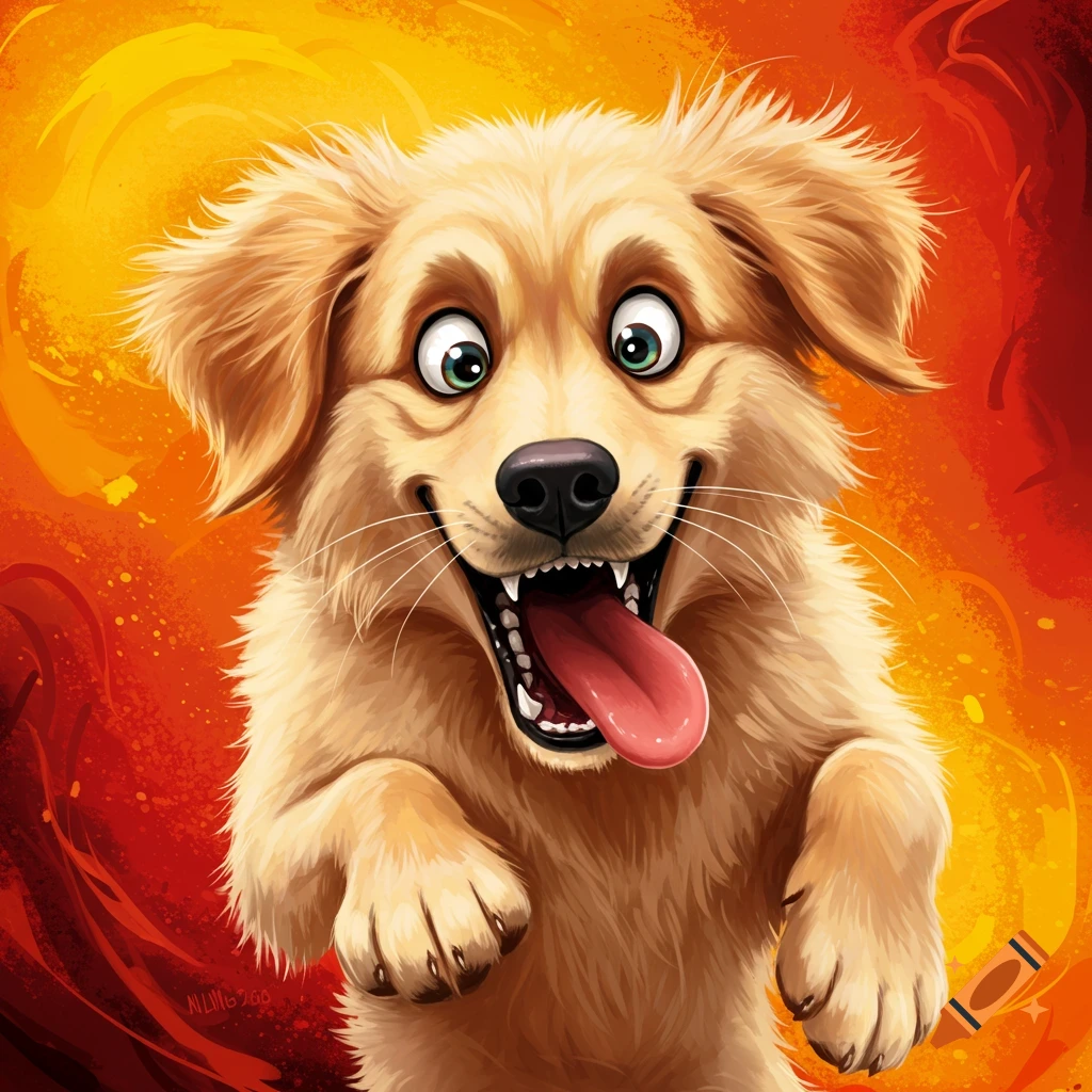 Cartoon golden retriever puppy with wide eyes and tongue sticking out.