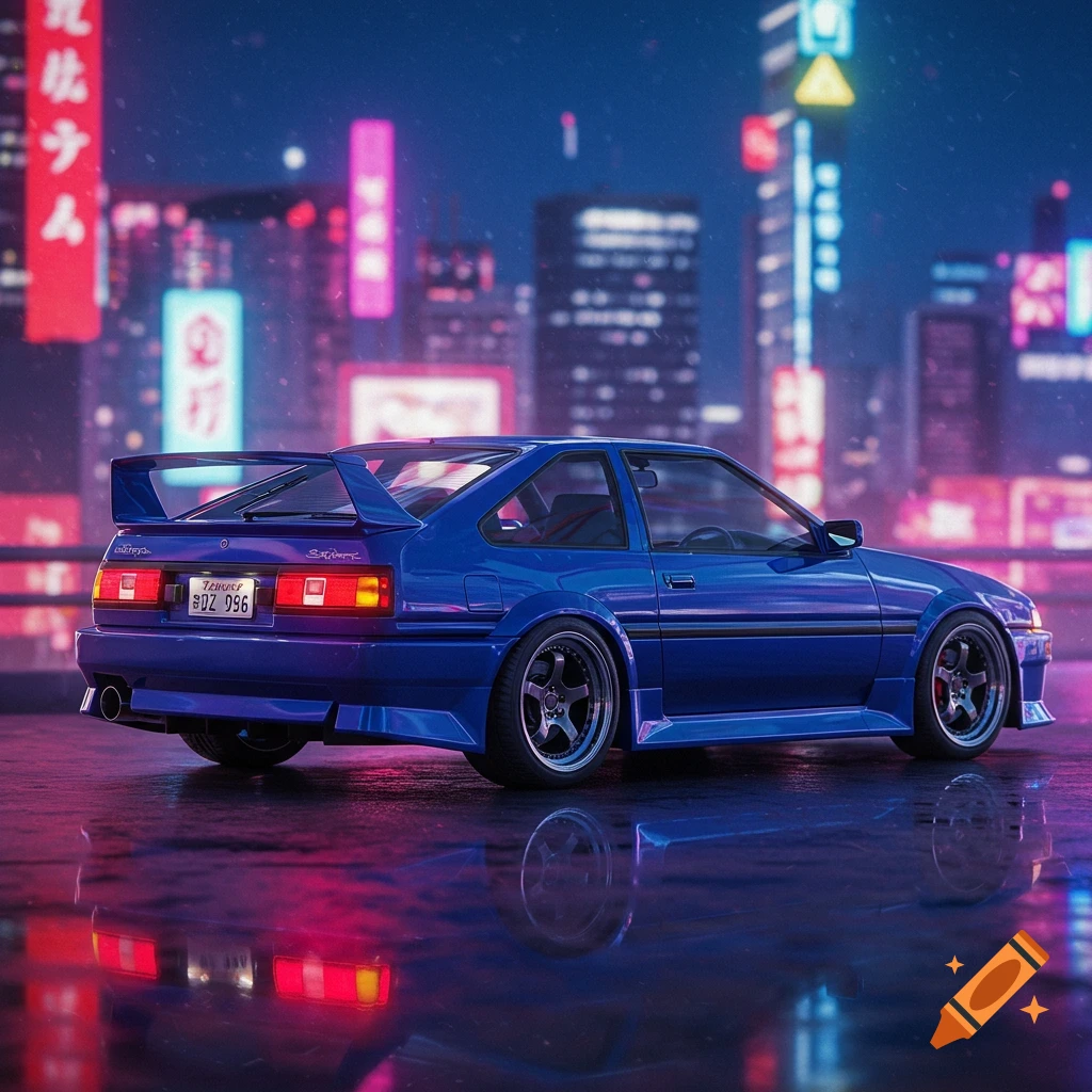 Blue sports car on a wet street in a neon-lit city at night.