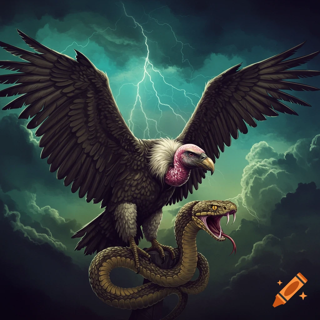 A vulture perched on a snake during a lightning storm.