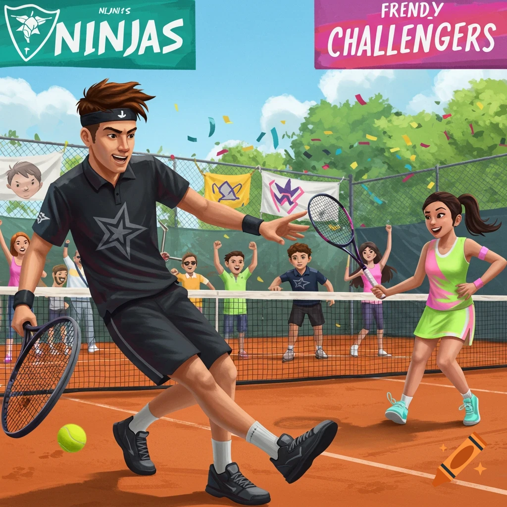 Cartoon illustration of two tennis players competing in a friendly match with spectators watching.