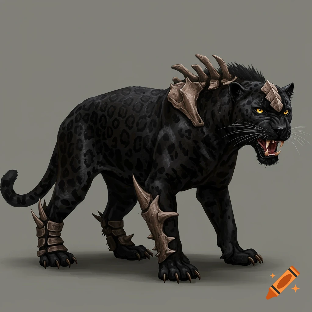 A black panther-like fantasy creature with bony armor walks on a grey background.