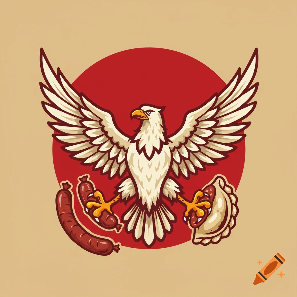 Logo illustration of a white eagle holding a kielbasa sausage and a dumpling in its claws, against a red circle background.
