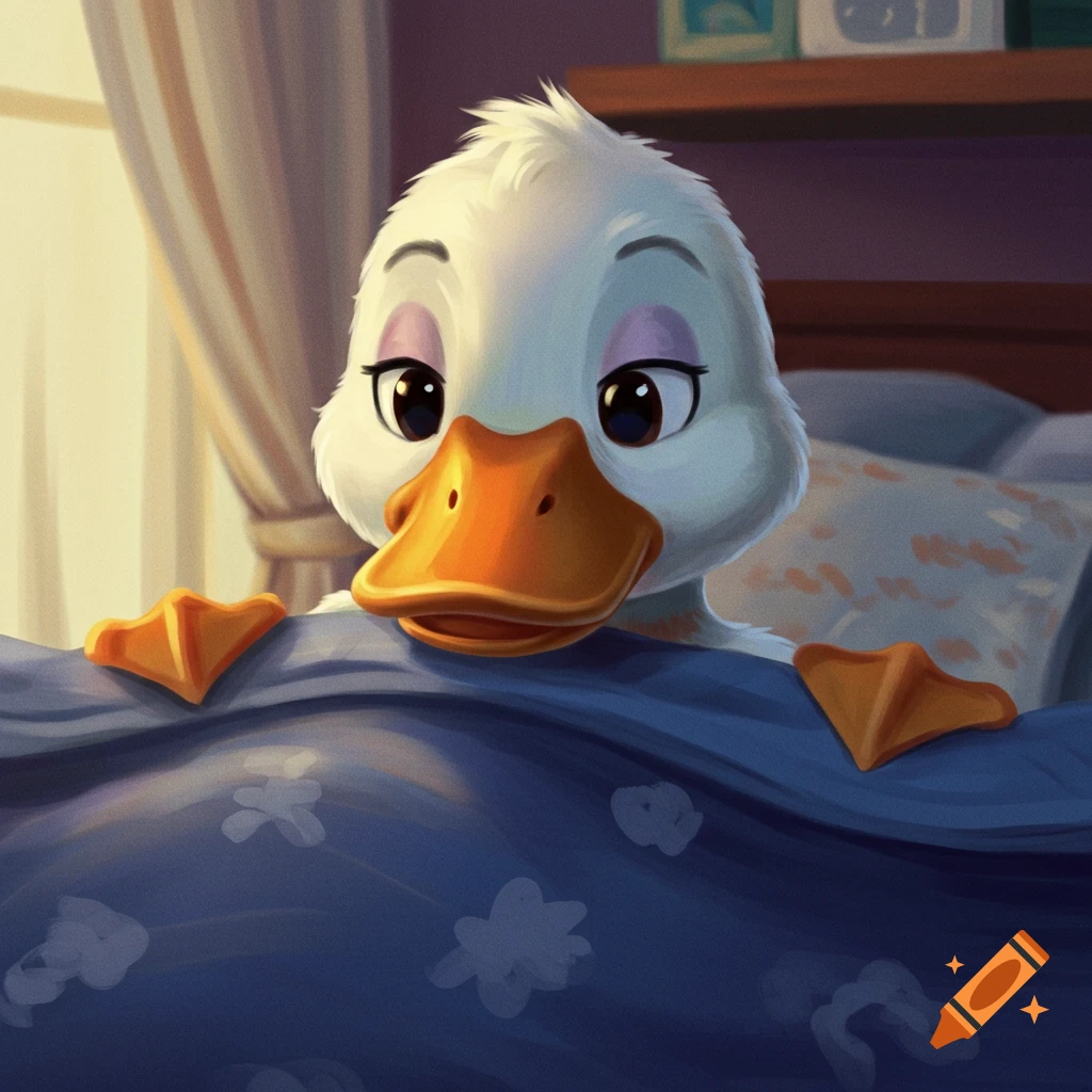 Cartoon duck looking out from under blue covers in bed.