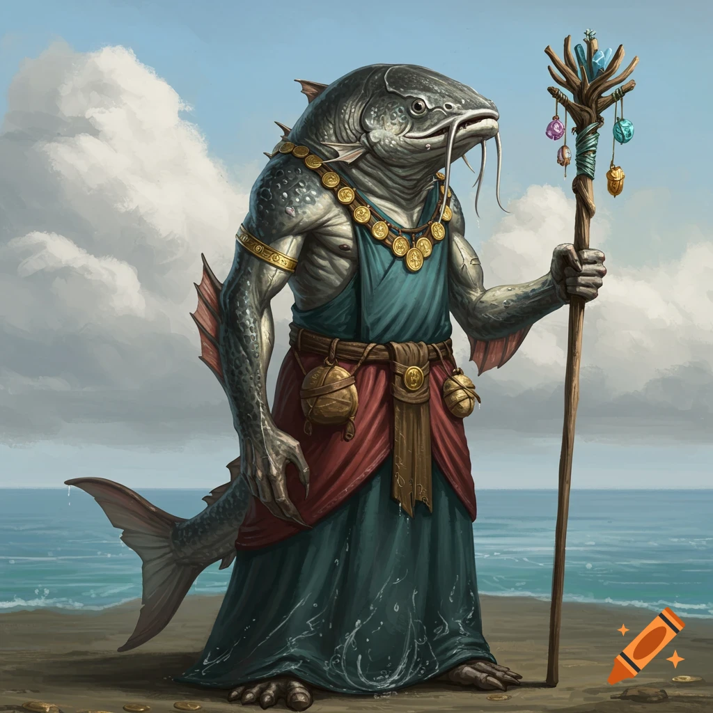 A humanoid fish creature in robes holding a staff stands on a beach.