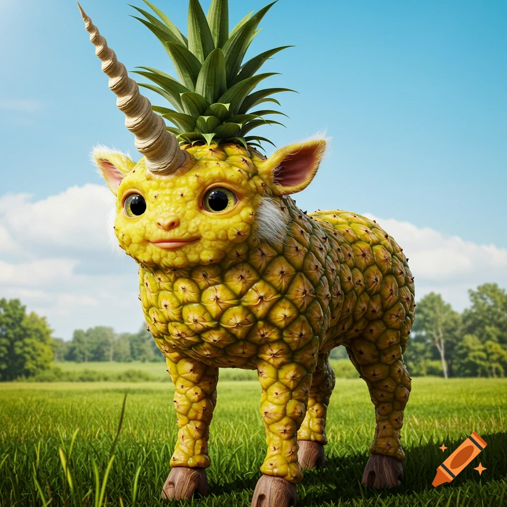 Photorealistic pineapple-unicorn hybrid standing in a grassy field.