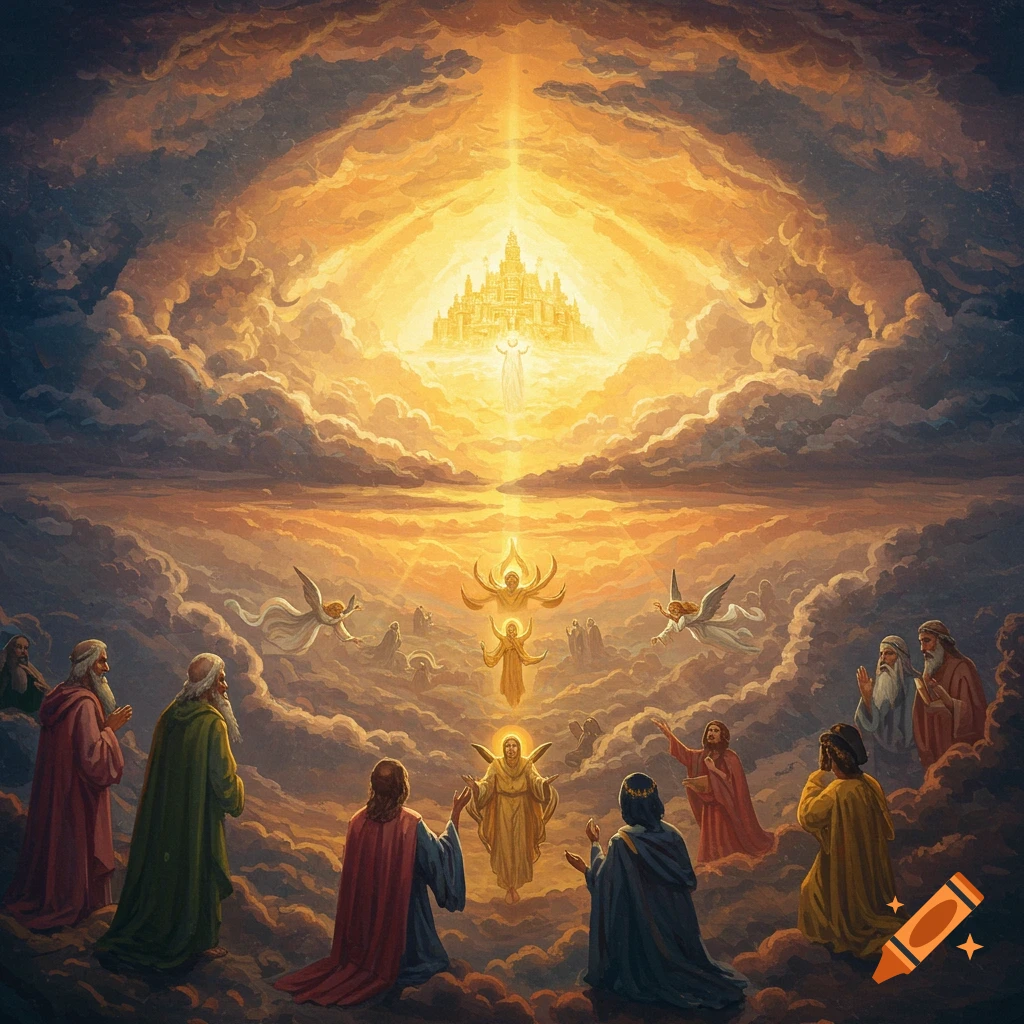 Figures in robes look towards a bright celestial city and light in the sky.