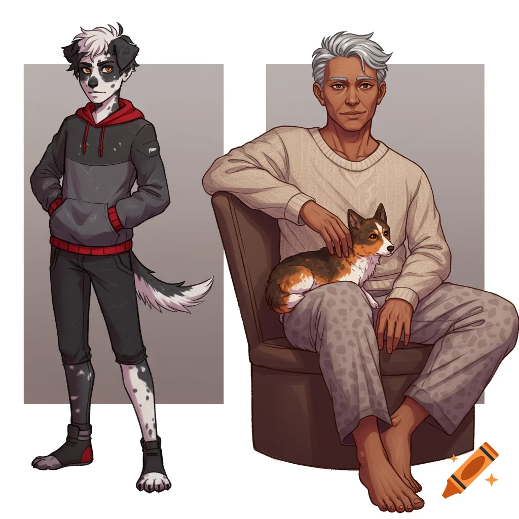 A young person with dog-like features and an older person with a dog.