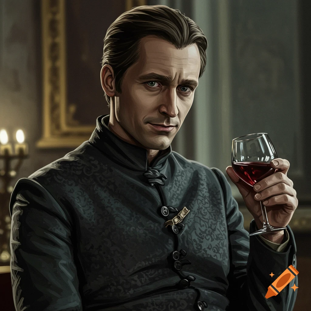 A man in a dark suit holds a glass of red wine in a dimly lit room. on ...
