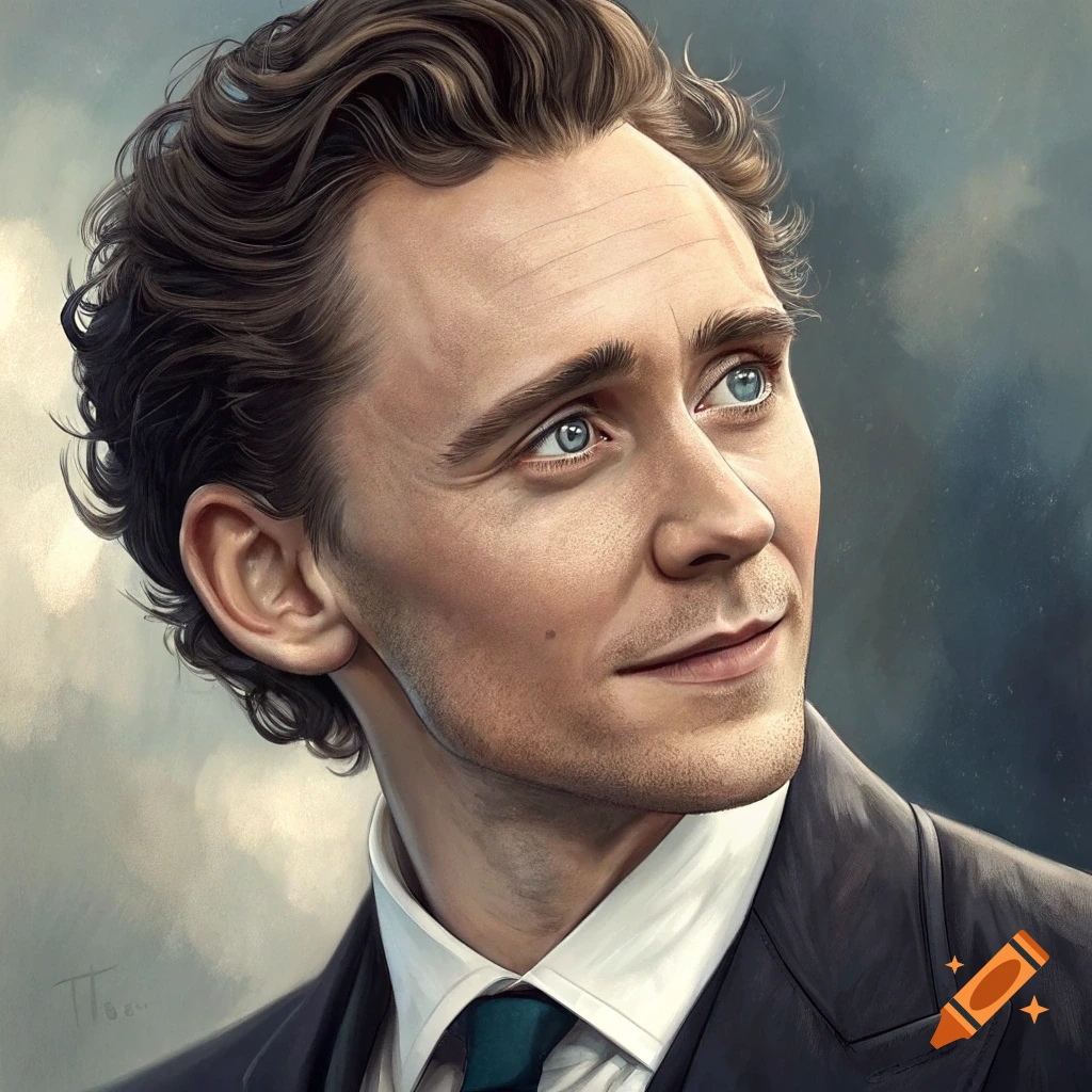 A painted portrait of actor Tom Hiddleston looking upward in a suit.